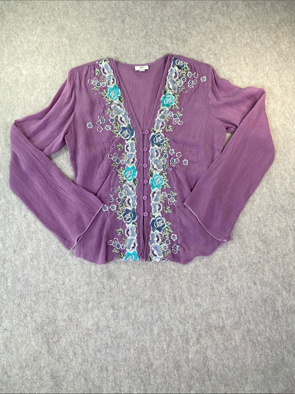 J. Jill Purple Embroidered V-Neck Button Front Top